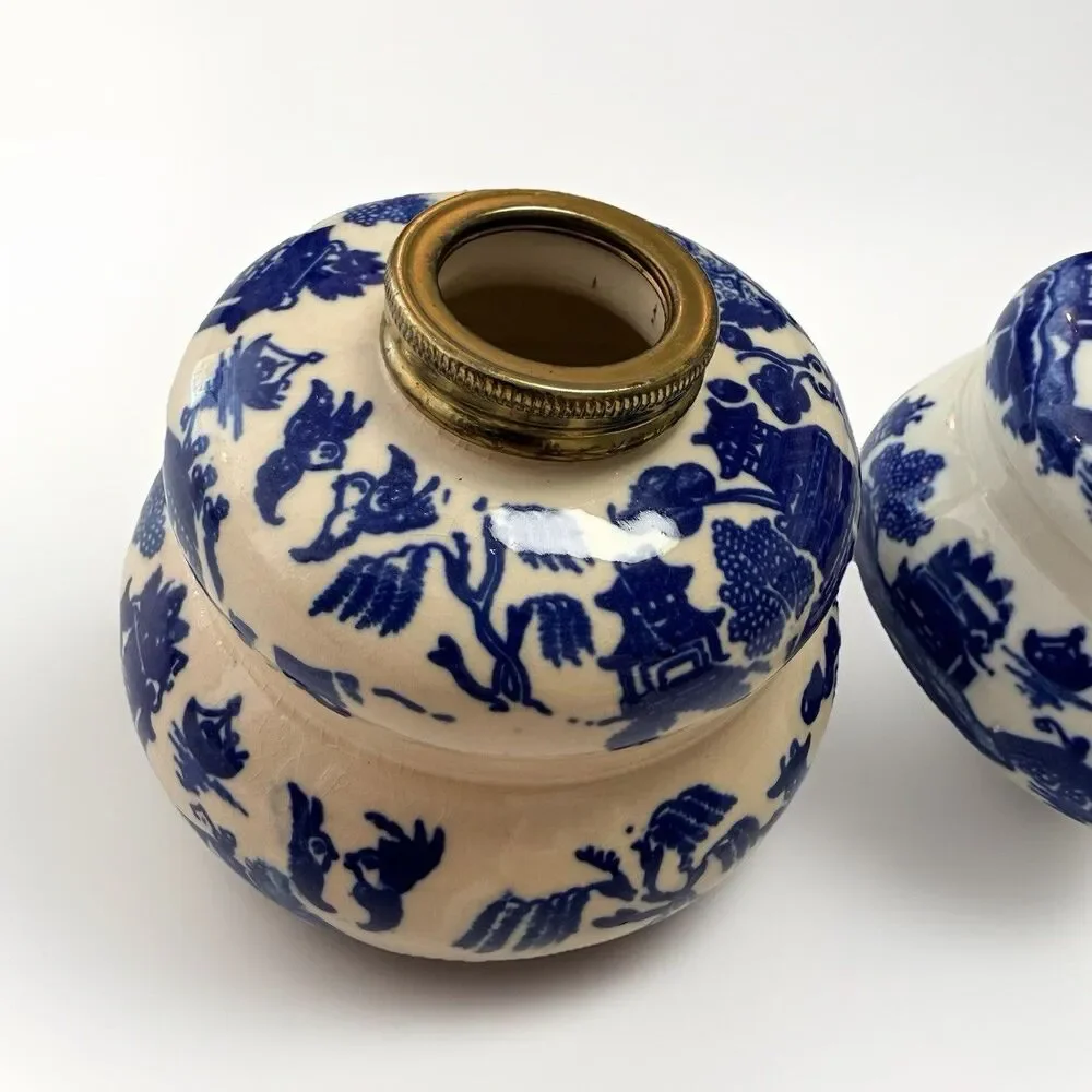 Vintage Victorian Japanese Blue Willow Decorative Oil Lamp Pair Set